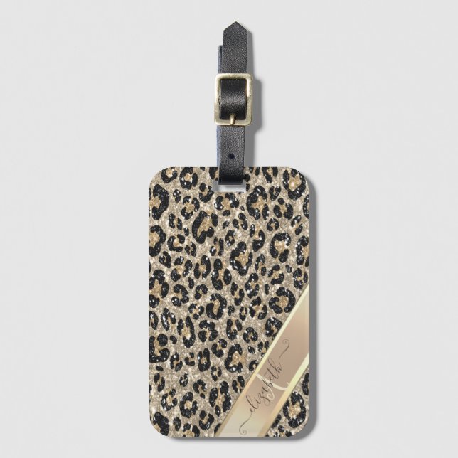 Étiquette À Bagage Motif chic léopard pailleté monogramme      (Devant Vertical)