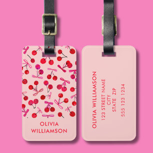 Étiquette À Bagage Motif Coquette Cerise & Nœud Rose