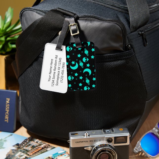 Étiquette À Bagage Motif d'alien turquoise avec étoiles et lunes (Recto & Verso)