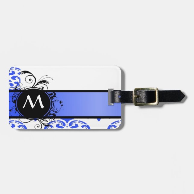 Étiquette À Bagage Motif damassé bleu et monogramme (Devant horizontal)