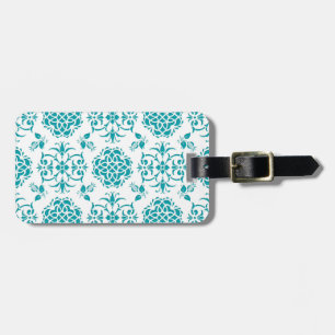 Étiquette À Bagage Motif damassé floral blanc et aqua