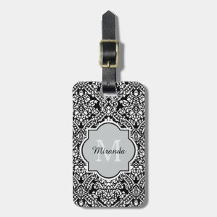 Étiquette À Bagage Motif Damassé Noir et Blanc Monogramme et Nom
