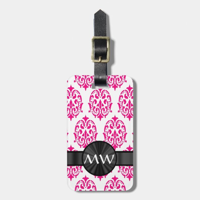 Étiquette À Bagage Motif damassé rose monogramme (Devant Vertical)