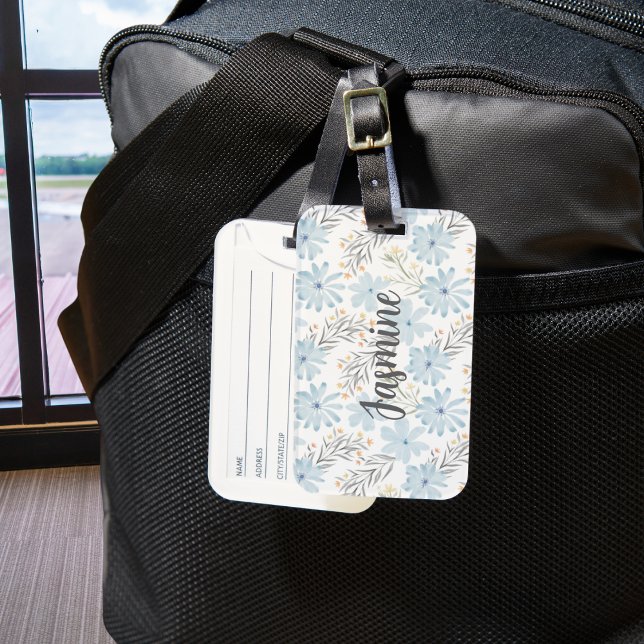 Étiquette À Bagage Motif d'aquarelle bleu Floral (Créateur téléchargé)