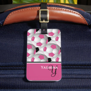 Étiquette À Bagage Motif de balle de soccer rose Monogram