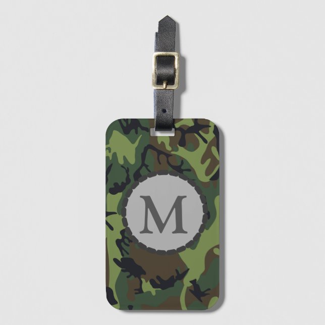 Étiquette À Bagage Motif de camouflage vert classique monogrammé (Devant Vertical)