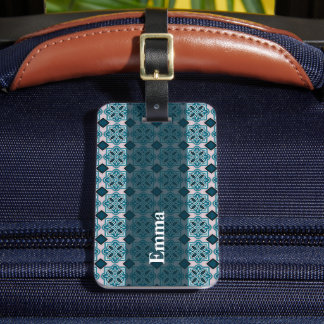 Étiquette À Bagage Motif de carreaux ornés sarcelle vintage