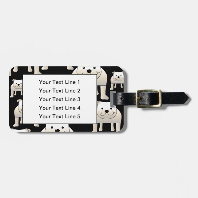 Étiquette À Bagage Motif de chiens. Bouledogues blancs sur le noir (Devant horizontal)