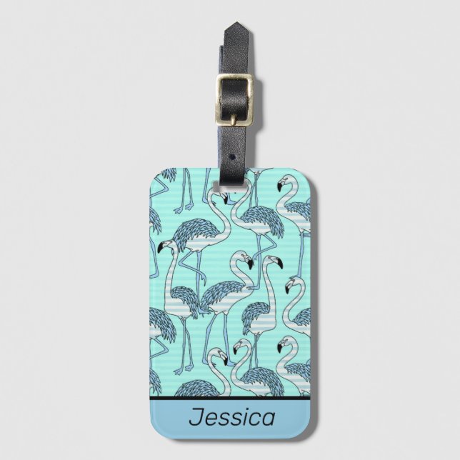 Étiquette À Bagage Motif de Flamants roses Turquoise rayé (Devant Vertical)