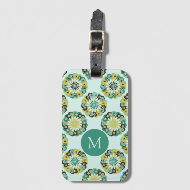 Étiquette À Bagage Motif de fleur moderne Monogramme sarcelle verte (Devant Vertical)