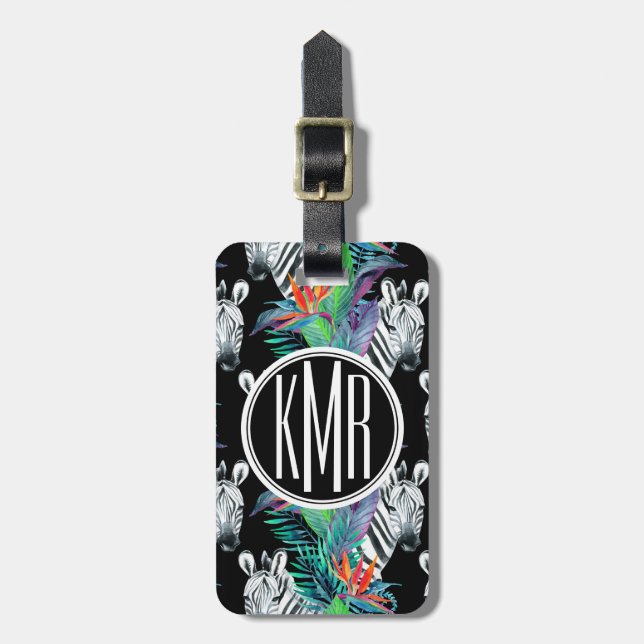 Étiquette À Bagage Motif De Fleurs Zébrées Et Exotiques| Monogramme (Devant Vertical)
