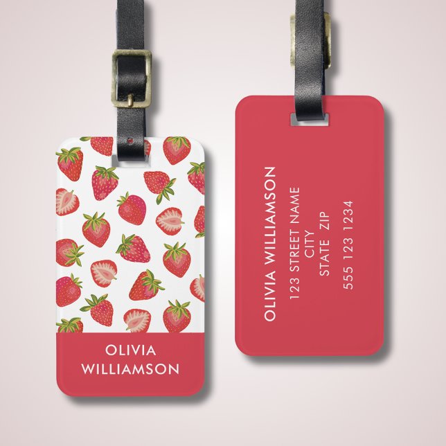 Étiquette À Bagage Motif de fraises personnalisé (Red strawberry luggage tag. Customize with your own name and contact details.)