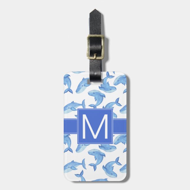 Étiquette À Bagage Motif de la baleine bleue Watercolor (Devant Vertical)