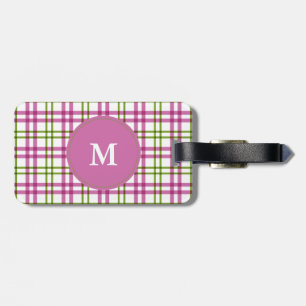 Étiquette À Bagage Motif de monogramme rose et vert Tartan