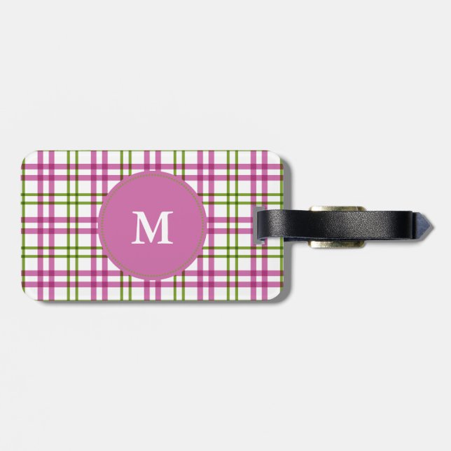 Étiquette À Bagage Motif de monogramme rose et vert Tartan (Dos horizontal)