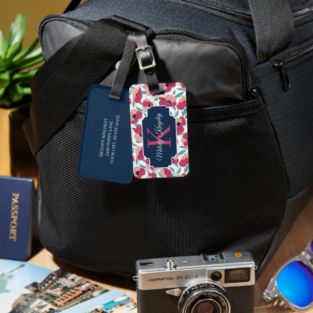 Étiquette À Bagage Motif de pavot moderne avec monogramme rose (Recto & Verso)
