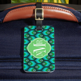 Étiquette À Bagage Motif de plume de paon personnalisé avec monogramm