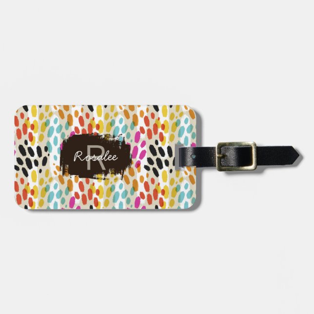 Étiquette À Bagage Motif de points folles avec Monogramme personnalis (Devant horizontal)