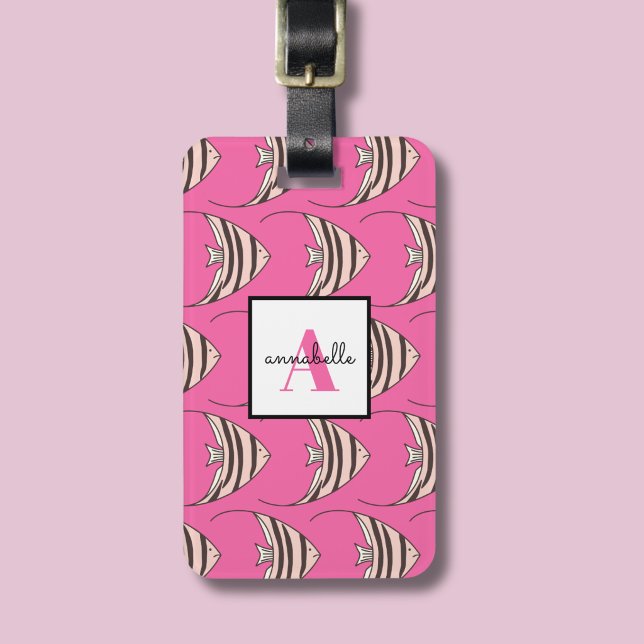 Étiquette À Bagage Motif de poisson rose Monogramme (Pink fish pattern monogrammed luggage tag)