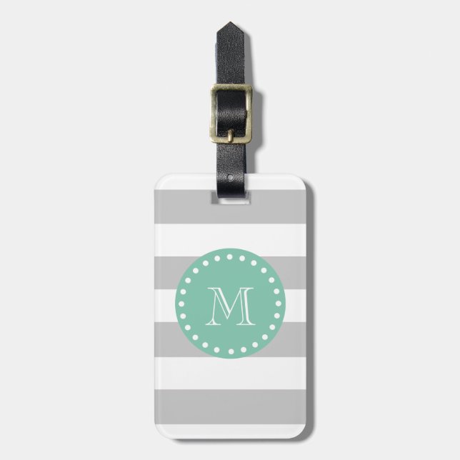 Étiquette À Bagage Motif de rayures de blanc gris, monogramme vert en (Devant Vertical)