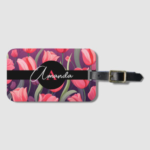 Étiquette À Bagage Motif de tulipe monogramme rose et violet