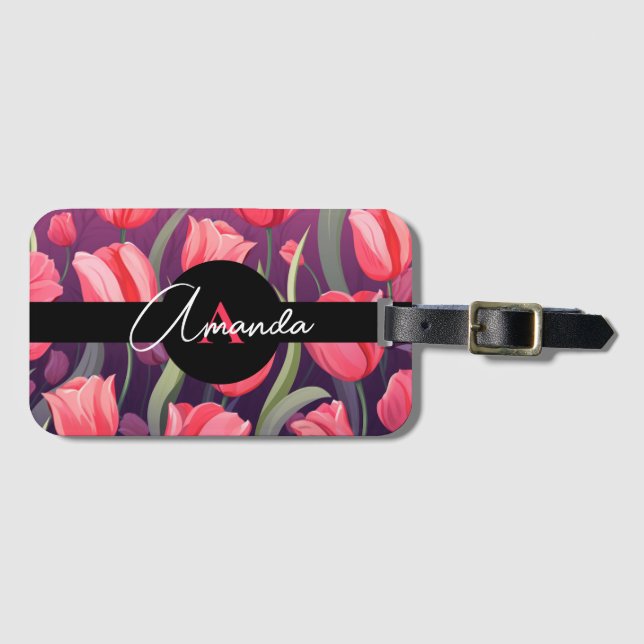 Étiquette À Bagage Motif de tulipe monogramme rose et violet (Devant Horizontal)