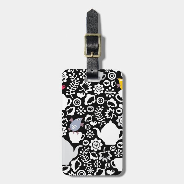 Étiquette À Bagage Motif d'oiseaux et de tasses (Devant Vertical)