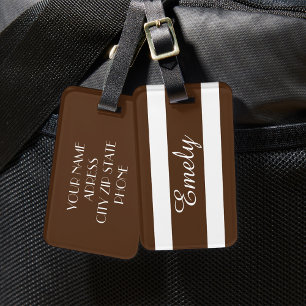 Étiquette À Bagage Motif élégant moderne rayures marron blanc Nom