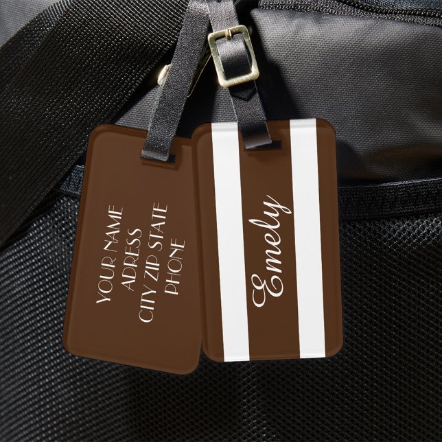 Étiquette À Bagage Motif élégant moderne rayures marron blanc Nom (Elegant Modern Brown White Stripes Pattern Name Luggage Tag)