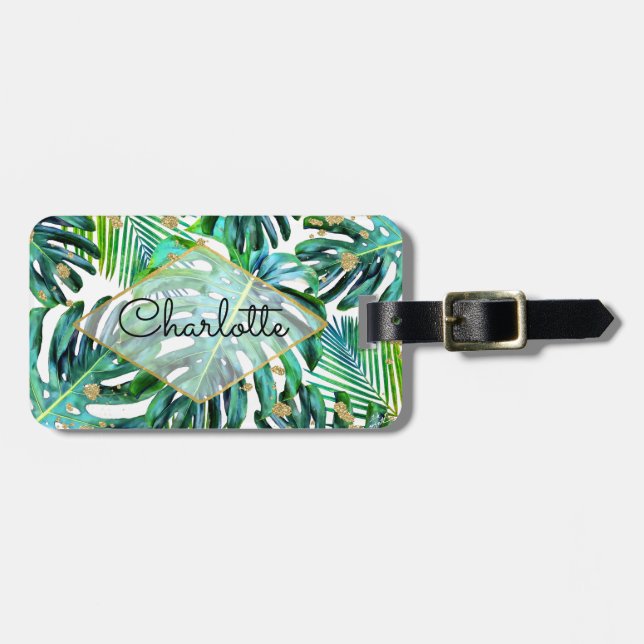 Étiquette À Bagage Motif en feuille de palmier de verdure de parties (Devant horizontal)