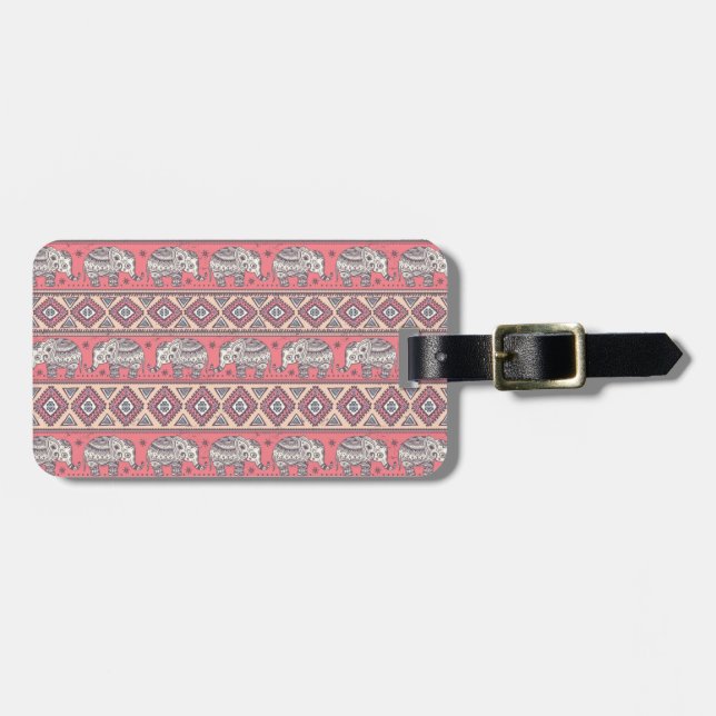 Étiquette À Bagage Motif ethnique rose d'éléphant (Devant horizontal)