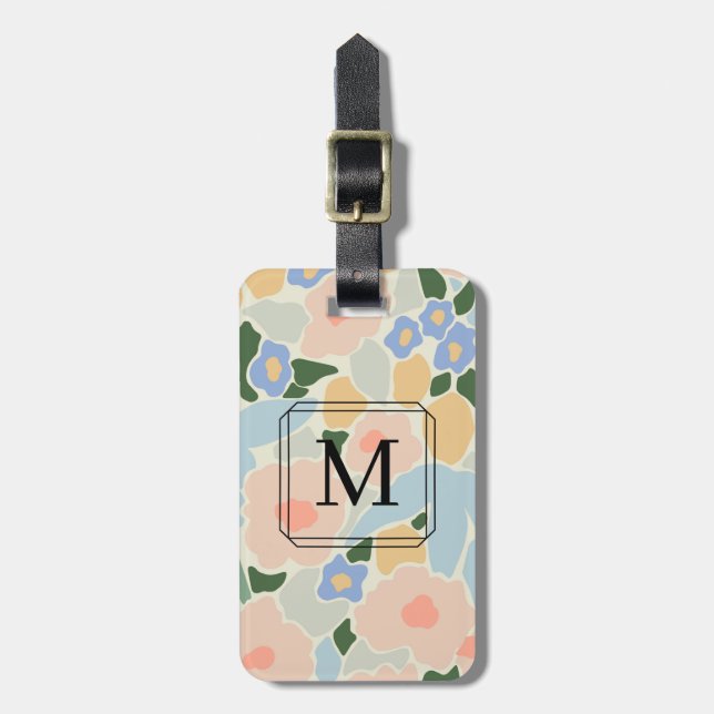 Étiquette À Bagage Motif fleur rose pastel bleu clair Monogramme (Devant Vertical)
