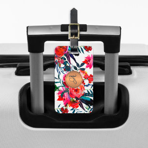 Étiquette À Bagage Motif floral aquarelle en rouge et marine Monogram