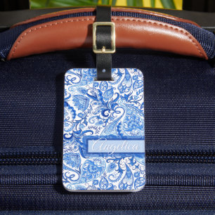 Étiquette À Bagage Motif floral blanc bleu Vintage personnalisé