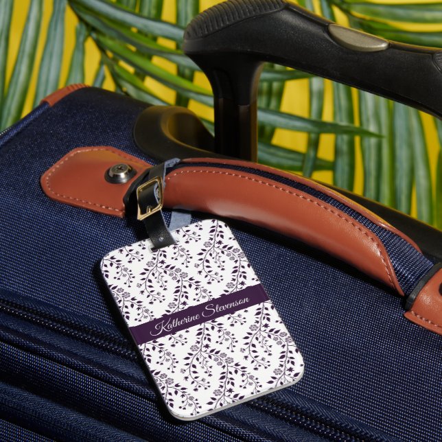 Étiquette À Bagage Motif floral bohème moderne nom script prune (Insitu Rectoal 1)