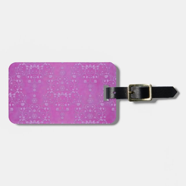 Étiquette À Bagage Motif floral complexe damassé pourpre fuchsia (Devant horizontal)