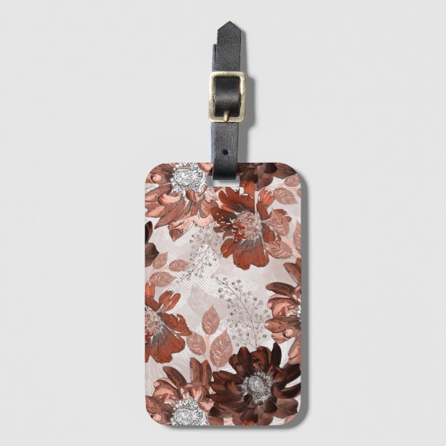 Étiquette À Bagage Motif floral gris-marron. (Devant Vertical)