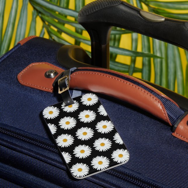 Étiquette À Bagage Motif floral marguerrier blanc sur noir (Insitu Rectoal 1)