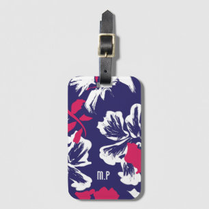 Étiquette À Bagage Motif Floral Monogramme Bleu Rouge Tropical Tendan