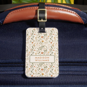 Étiquette À Bagage Motif floral pastel personnalisé beige vert