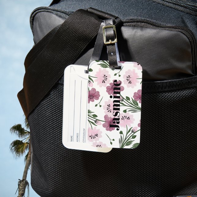 Étiquette À Bagage Motif floral pourpre et rose avec monogramme perso (Créateur téléchargé)