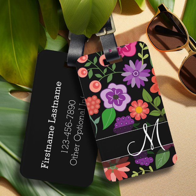 Étiquette À Bagage Motif floral tendance Hot rose et noir Monogramme (Personalized luggage tag with retro flower pattern and monogram - add contact information on back)