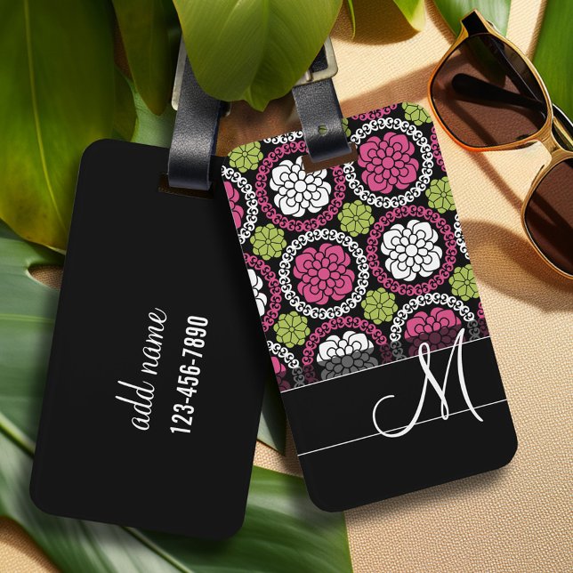 Étiquette À Bagage Motif floral tendance Hot rose et noir Monogramme (Personalized Luggage Tag)