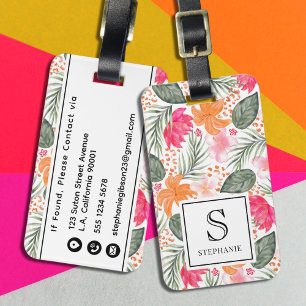 Étiquette À Bagage Motif floral tropical aquarelle avec monogramme