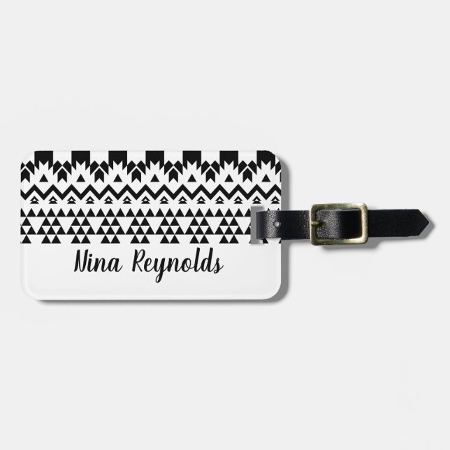 Étiquette À Bagage Motif géométrique Aztec noir et blanc (Devant horizontal)