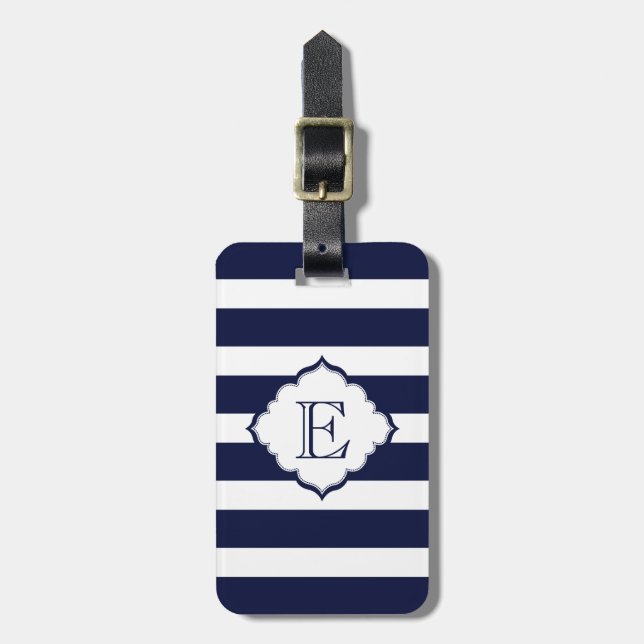 Étiquette À Bagage Motif géométrique Monogramme Royal Blue Stripes (Devant Vertical)