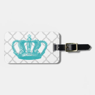 Étiquette À Bagage Motif GIRLY AQUA VINTAGE CROWN GREY QUATREFOIL