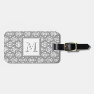 Étiquette À Bagage Motif gris 1 de damassé avec le monogramme