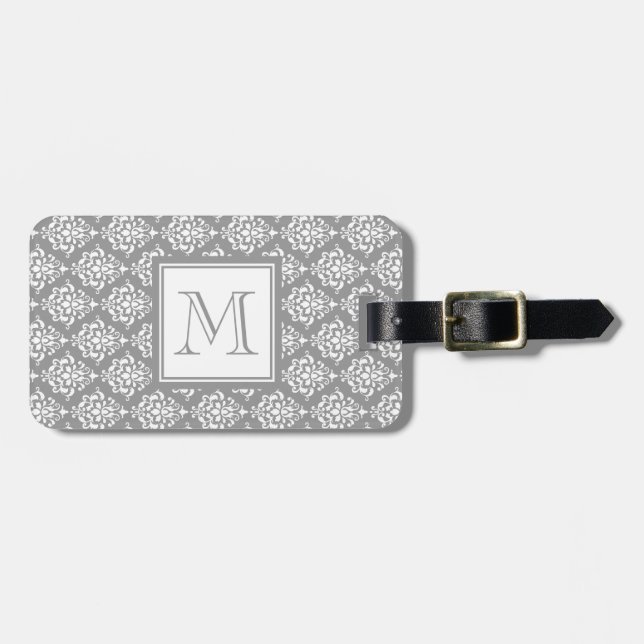 Étiquette À Bagage Motif gris 1 de damassé avec le monogramme (Devant horizontal)
