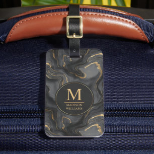 Étiquette À Bagage Motif marbre personnalisé gris noir et or pailleté